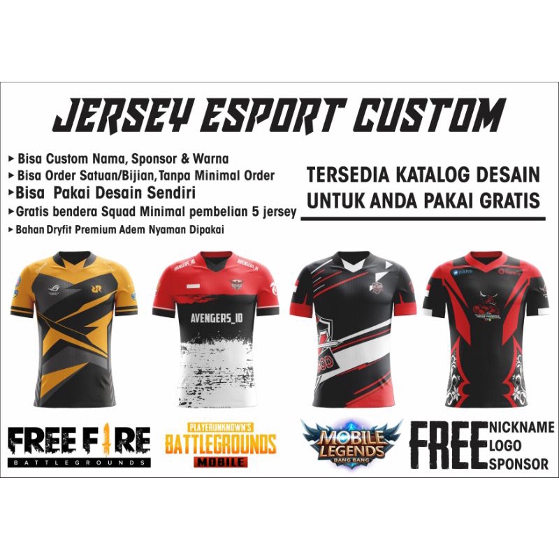 Jual Jersey Kaos Baju Gaming Custom Murah Freefire Ml Aov Pubg Bisa Pakao Desain Sendiri