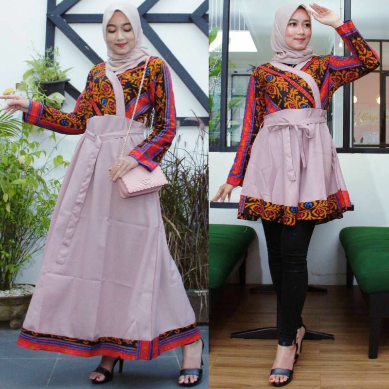 GAMIS KIMONO BATIK KOMBINASI MOSCREP ATASAN WANITA MODERN MILENIAL CANTIK TENUN SONGKET TORAJA SUMBA