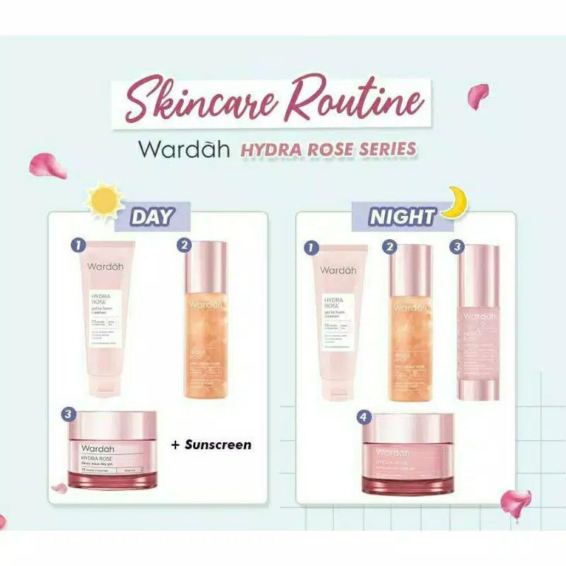 Wardah Hydra Rose Series Dewy Aqua Day Gel 17ml / 40ml | Moisture Rich Night Gel 17ml / 40ml | Micro Gel Serum 30ml | Petal Infused Toner 100ml | Gel To Foam Cleanser 100ml