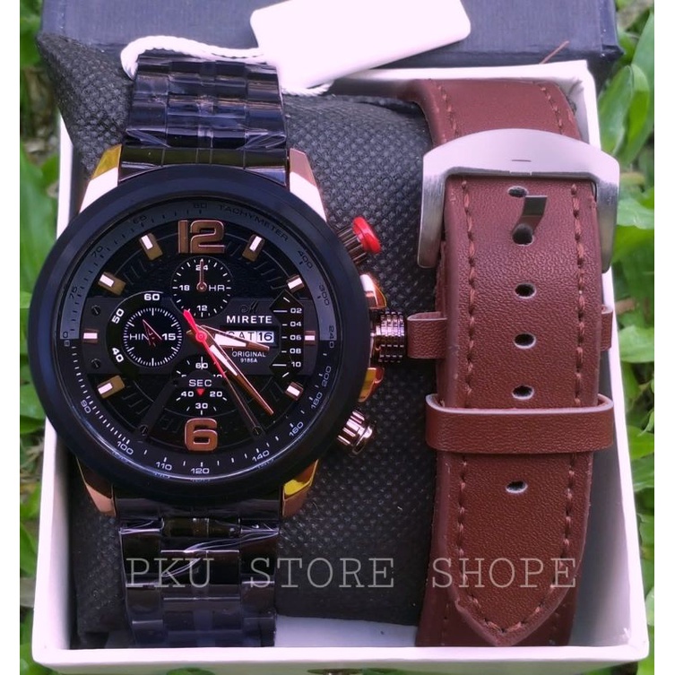 Baru Jam Tangan Pria Mirete 2 Tali Fitur Tanggal Hari Otomatis Import Mewah Elegan Strap Rantai Stainles Steel Tahan Air Kasual pria MIRETE ORIGINAL DUA TALI