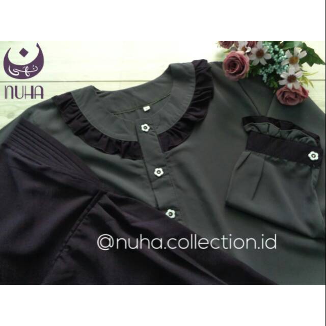 Set Gamis Zahra wolfis kombinasi warna dark grey /abu tua dan dark purple / ungu tua