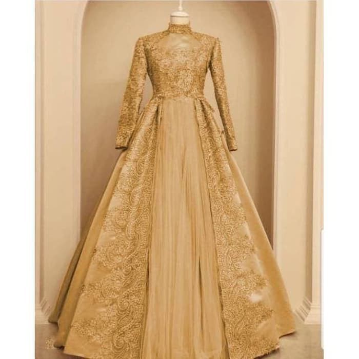 baju pesta mewah gamis nuraini gold xl brukat gaun remaja nur ta