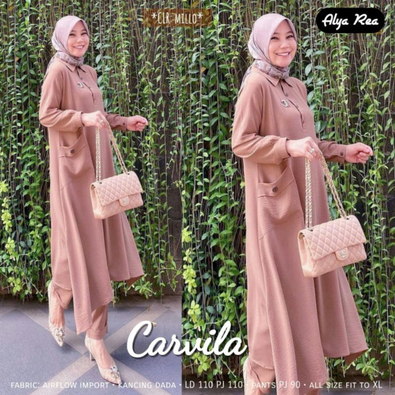 CARVILA SET/SETELAN TUNIK PANJANG BAHAM CRINKLE BAGUS BANGET BEST SELLER/SETELAN KEKINIAN