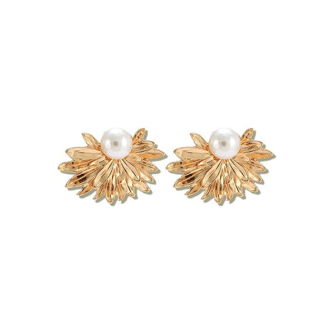 LRC Anting Tusuk Fashion Golden Pearl Flower Irregular Earrings D76520