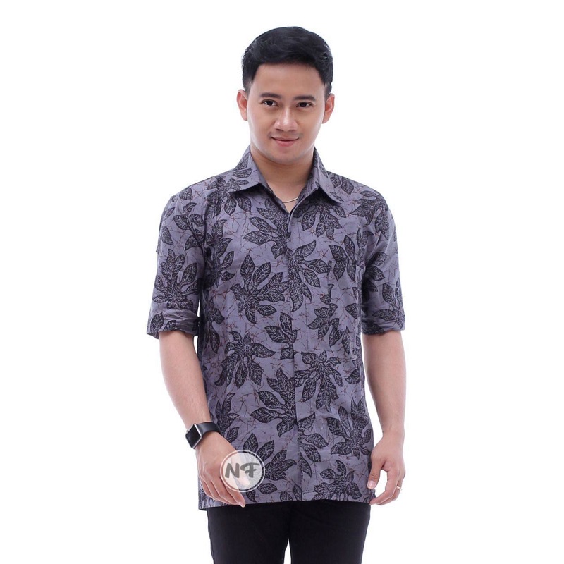 Batik Pria Lengan Pendek BATIK BERKAH HRB026 motif KERATONAN Kode 002 size M L XL-D.Gnja abu