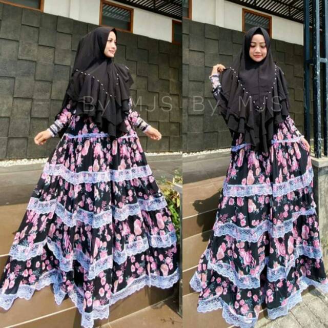 Gamis syari vintage busui set khimar motif bunga real picture