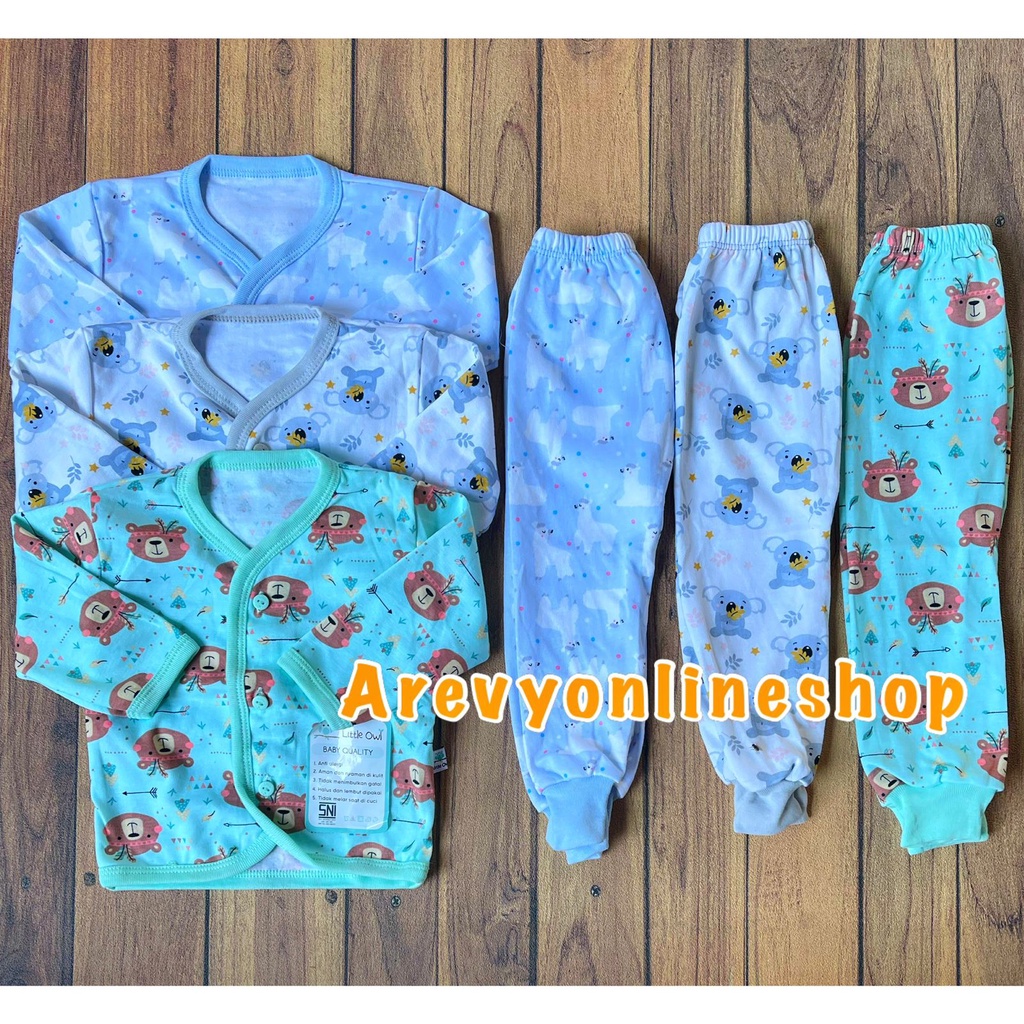 3Pcs Setelan Piyama Baju Panjang Celana Panjang Baju Pendek Celana Pendek Size 0-3 Newborn Little Owl