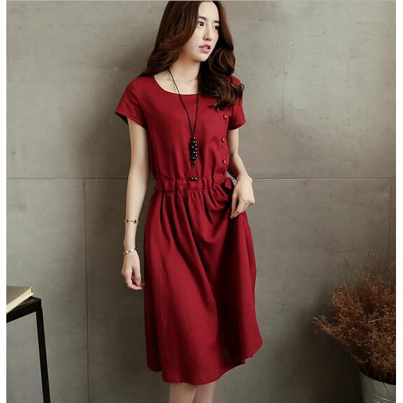 Dress Midi Casual Elegan Bahan Katun Linen Gaya Korea Warna Merah