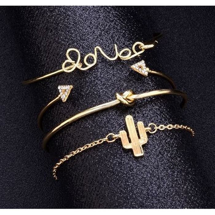 Satu Set Gelang Wanita Triangle Knot Love Cactus Gold Opening Bangle C