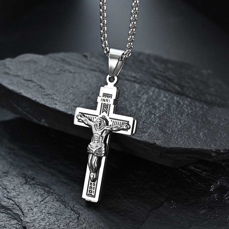 Kalung Rantai Liontin Salib Yesus Bahan Stainless Steel Warna Emas Untuk Pria