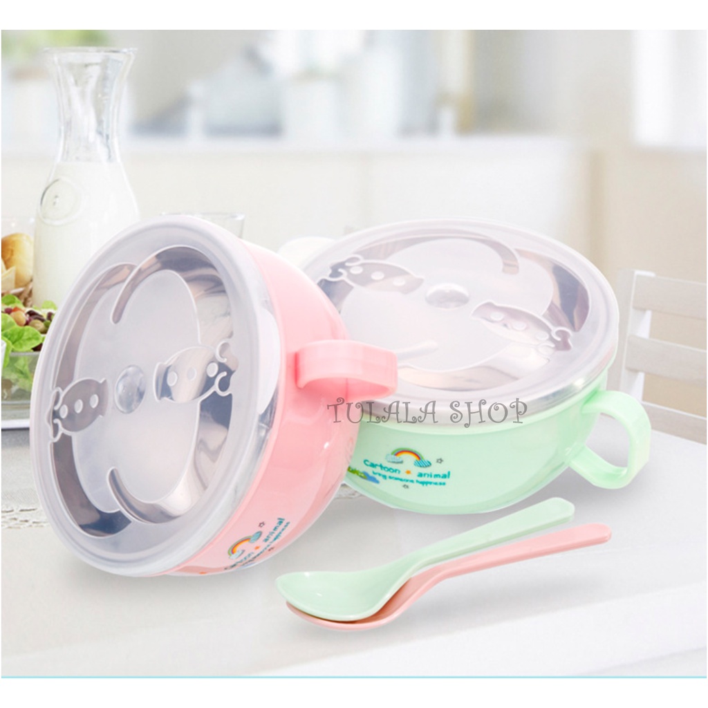 [TULALA SHOP]Kids Feeding Bowl Stainless Steel Spoon Mangkuk Bubur Makan Sup Sendok Karakter Bayi Anak/Set Mangkuk Sup Bahan Stainless Steel Anti Jatuh Dan Anti Panas Dengan Tutup Telinga Ganda Untuk Anak