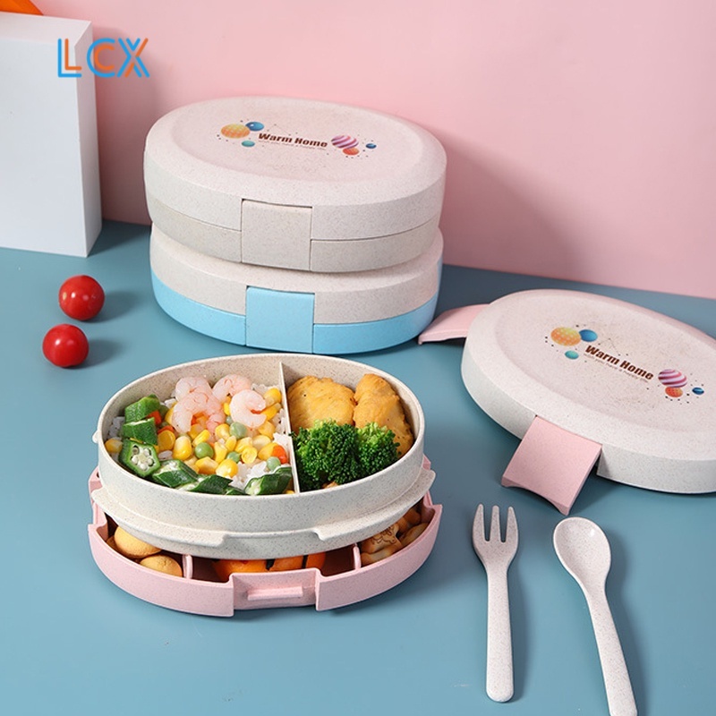 LCX Tempat makan/Lunch Box Jerami Gandum Kotak Makan Bento Anti Tumpah Single-Layer Kotak Bekal Tempat Makan