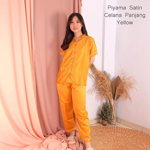 SATINCP - Satin Silky Velvet Premium Vibelle Shop Grosir Baju Tidur CP Piyama Fashion Murah Wanita-Yellow