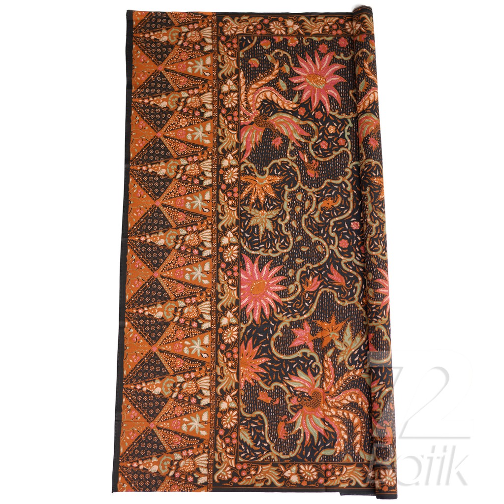 KAIN BATIK KATUN Premium Motif Kembang Hitam Orange Oren Oranye Hijau Candy 727633 Cap 72 Jarik Jarit Samping Kebat Panjang Batik Katun Modern Premium Bahan Seragam Batik Pernikahan Kantor Keluarga Murah Kamen Jadi Batik Bali Lembaran