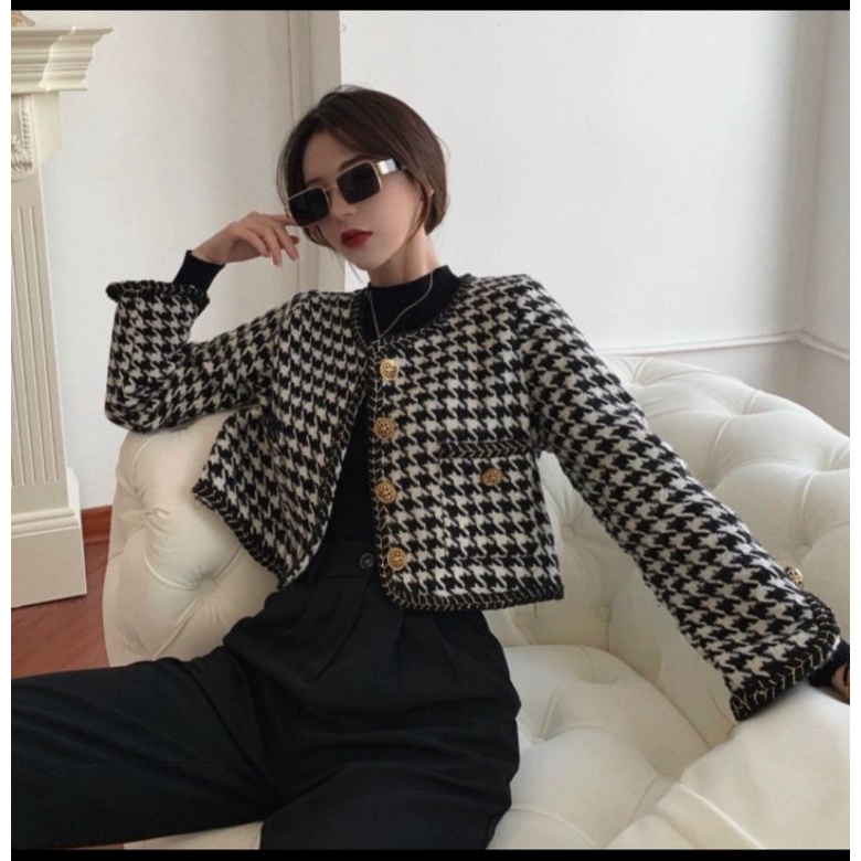 VN SINYOU LUXURY FURRY BLAZER KNIT CROP TEBAL / KNITWEAR  CARDI HOUNDSTOOTH CROP / OUTER KNIT BULU RAJUT PREMIUM