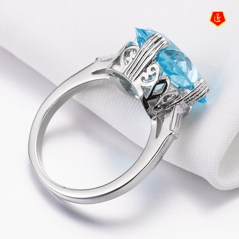 [Ready Stock]Inlaid Light Blue Topaz Square Diamond Ring Simple and Stylish