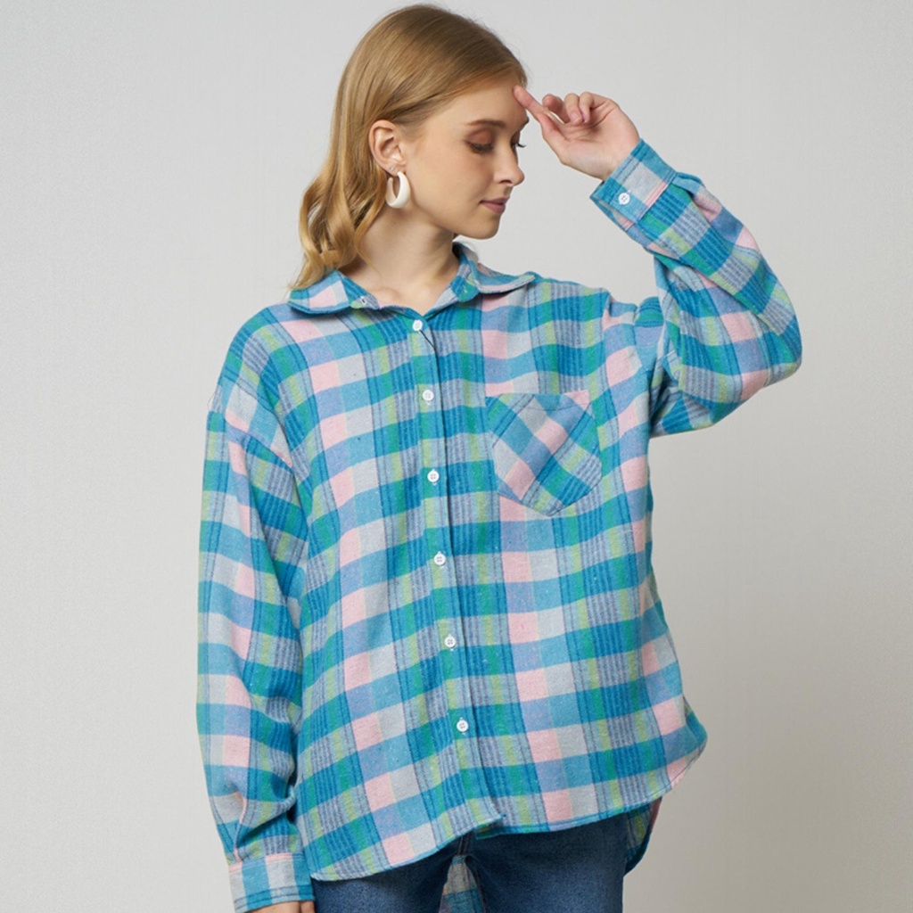 Monellina 601216 Kemeja Flanel Oversize Wanita Lengan Panjang