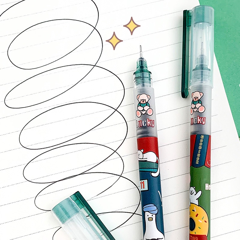 6pcs Pulpen Gel Tinta Hitam 0.5mm Dengan Ujung Jarum Lurus Motif Kartun