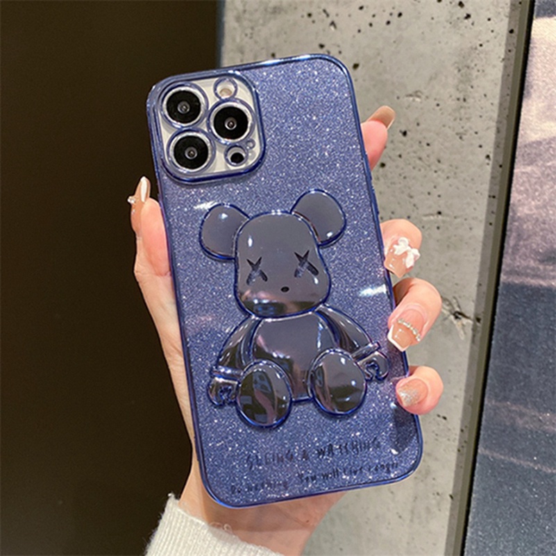 3D Bear Phone Case for iPhone 13 12 11 Pro Max X Xr Xs Max SE 2020 iPhone 8 7 6 6s Plus Luxury Plating Soft Case Silicone Soft TPU Casing All-inclusive Shockproof Protective Cover