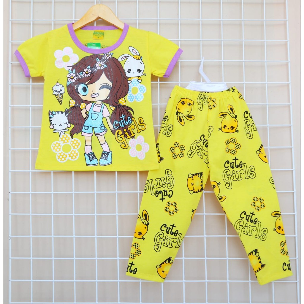 KJ Motif Cute Girl / Setelan Baju Celana Piyama Anak / Bayi Perempuan  Usia 2 - 8 tahun