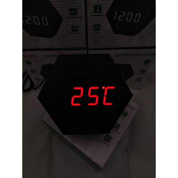 Jam Meja Digital Led Weker Digital Wood Alarm Clock 876 black red