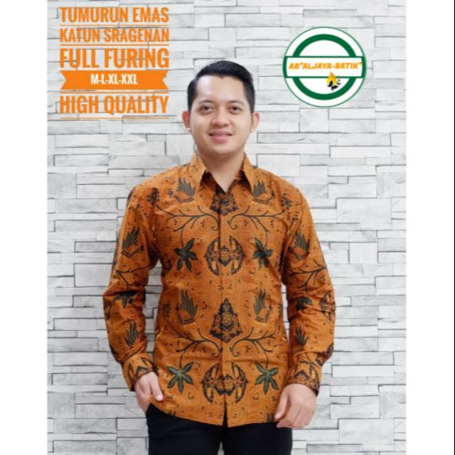 Kemeja Batik Pria Temurun Emas Bahan Katun Sragenan Halus dan Adem Lapis Furing