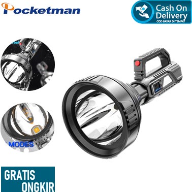 Pocketman Senter sorot led LED super terang jarak jauh hinnga 2 km Waterproof USB Recharge Cree XPE 