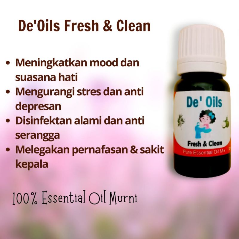 De'Oils Fresh &amp; Clean Essential Oil Murni Berkualitas Imune Booster Natural Aromaterapi Difuser Humidifier Mood Booster 100% Minyak Atsiri