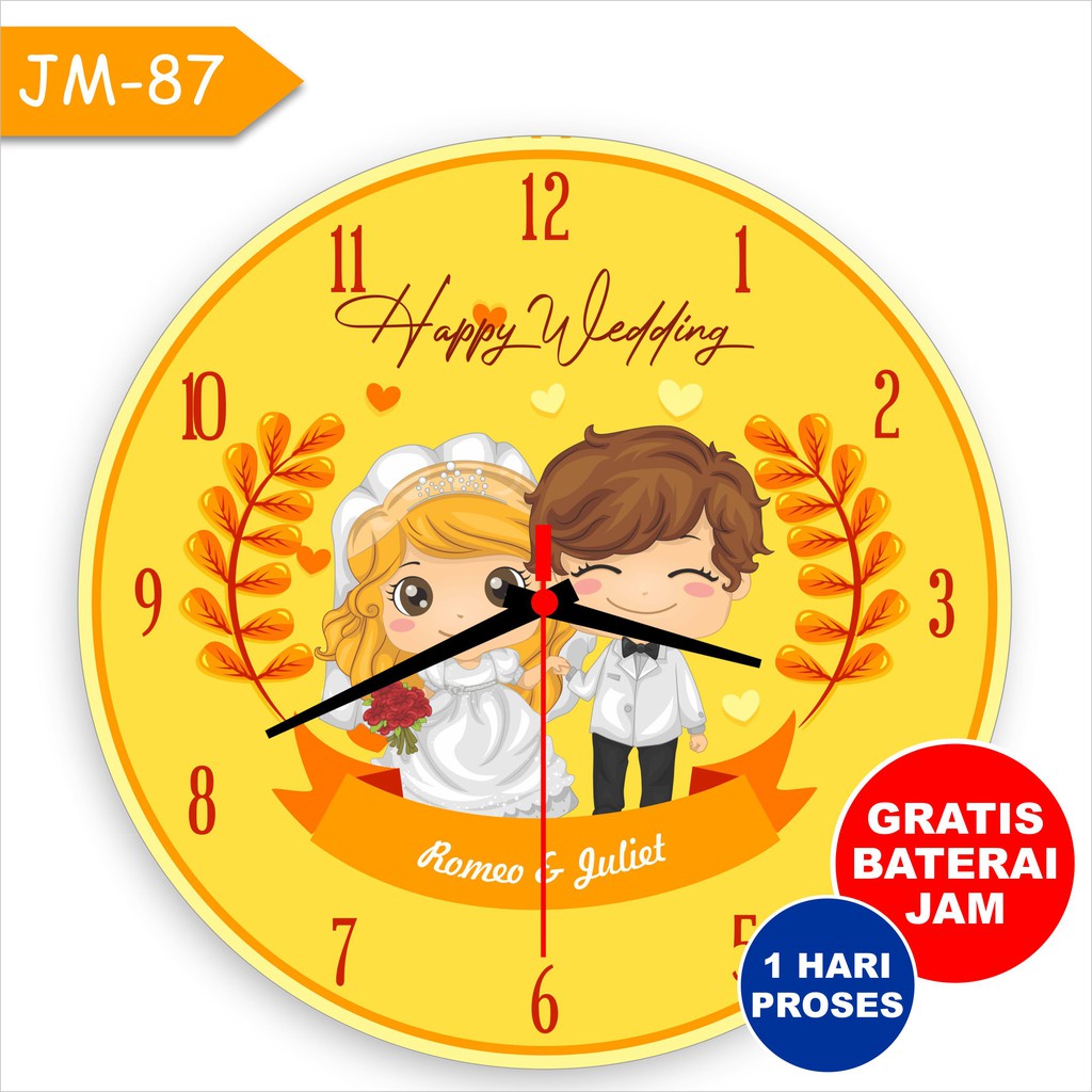 Kado Wedding Jam Dinding Custom Hadiah Pernikahan Costum Kartun Anime Animasi Gift Nikah Couple Warna Pink Cowok Cewek Nikah Warna Kuning Minimalis Reques Tulisan Nama Tinggal Tempel Gantung Tembok Ukuran Diameter 30cm 40cm Kecil Besar Angka romawi Lucu