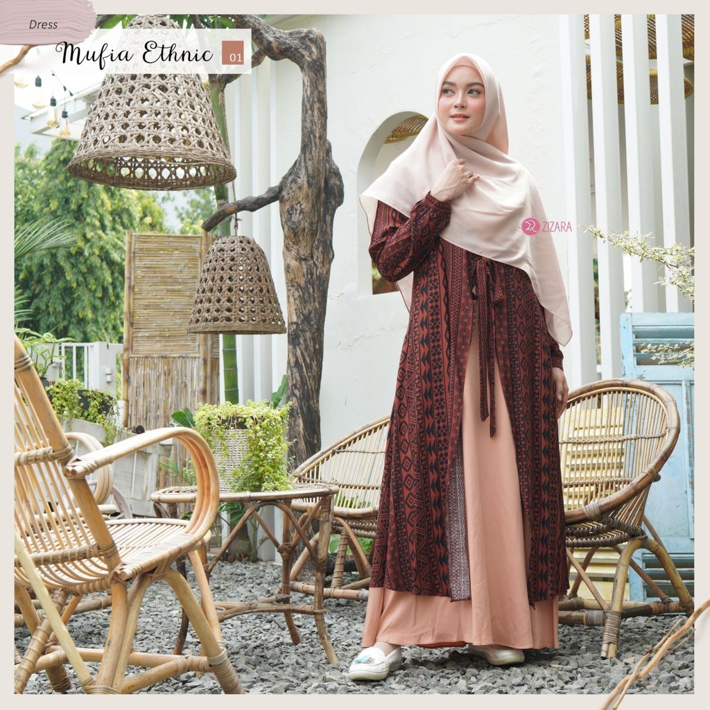 Mufia Ethnic Dress Zizara / Gamis Casual Katun Rayon Premium Polos Motif Busui Etnik Size S M L