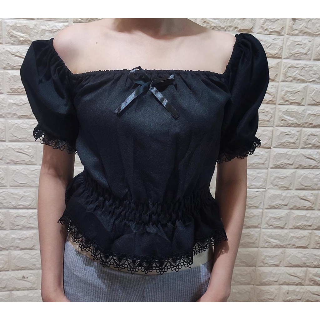 Sabrina Kerut Wanita / Blouse Korean Style / Sabrina Kerut Korean / Blouse Sabrina Mix Renda Terbaru-5