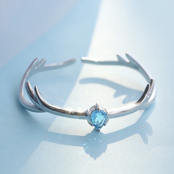 Gelang Model Terbuka Bentuk Tetesan Air Bahan Silver Plated 925 Warna Biru Gaya Korea Untuk Wanita