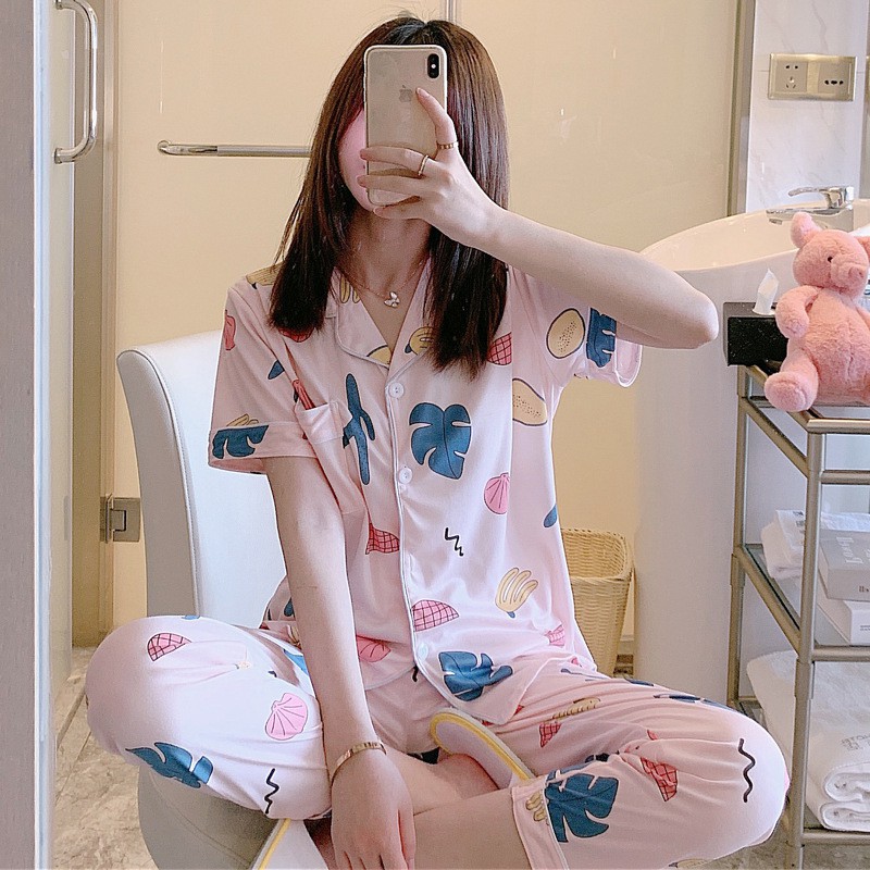 BAJU TIDUR PIYAMA SET KEMEJA CP LENGAN PENDEK CELANA PANJANG IMPORT PREMIUM BANYAK MOTIF PART 2-Cactus