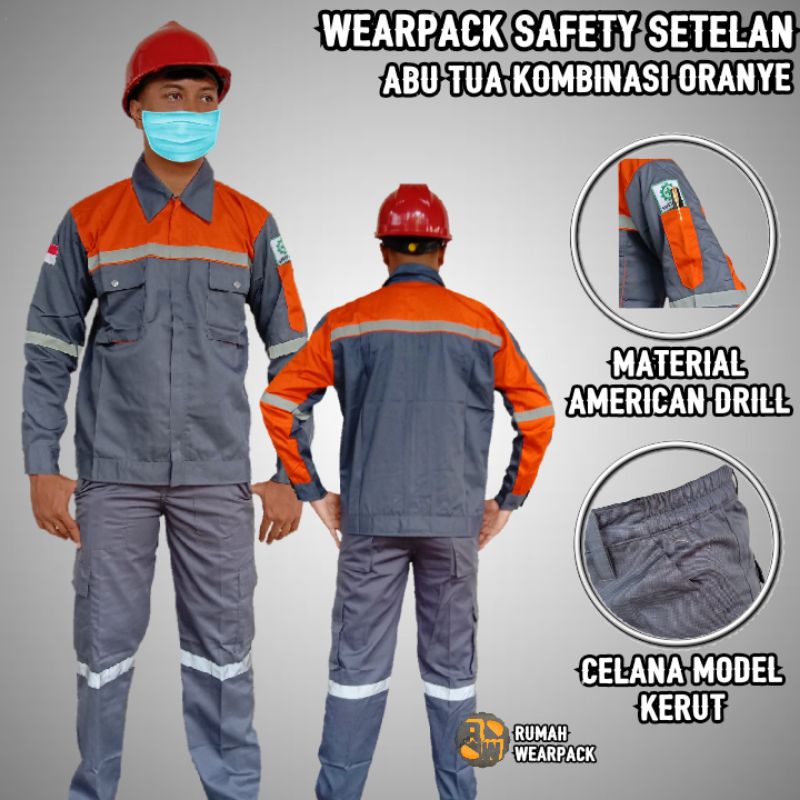 Setelan Wearpack dan Celana Warna Abu Tua Kombinasi Oranye