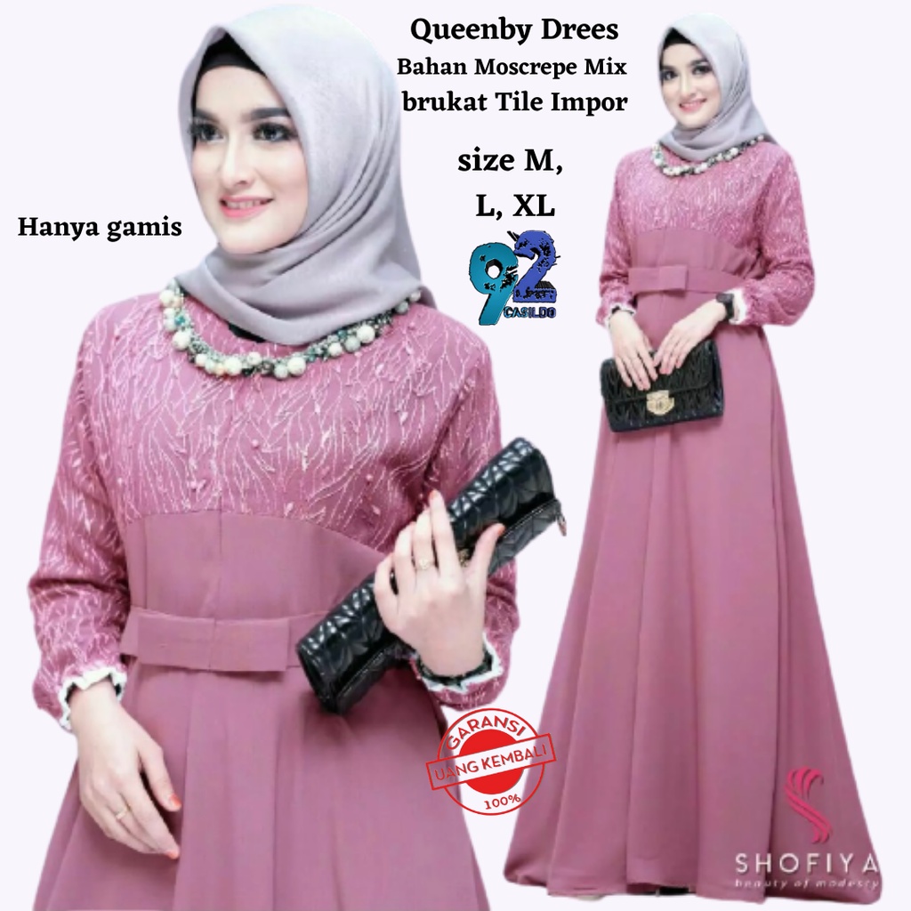 GAMIS Baju Muslim Mix Brukat Tile Mutiara Modern QUENBY Syar'i Gamis Wanita Terbaru M L XL