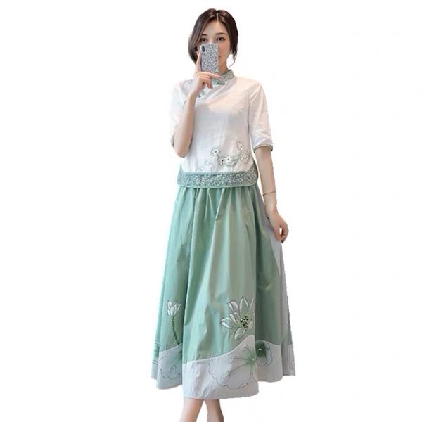 spring and summer cotton hemp cheongsam dress feminine Tang suit female Matcha gr