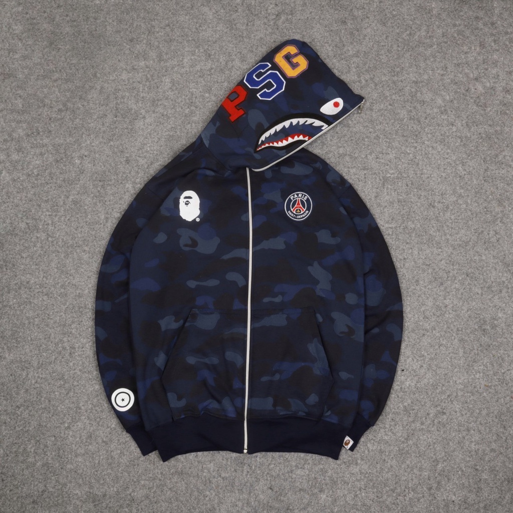 SWEATER HOODIE A BATHING APE BAPE SHARK PSG ZIPPER CAMOUFLAGE BLUE NAVY AUTHENTIC