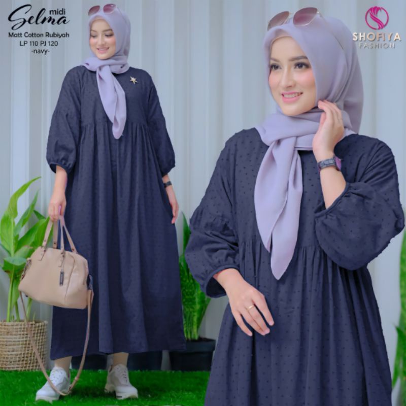 Shofiya Selma Midi Dress Jumbo Cotton Rubiyah Motif Polos Dress Muslim Wanita LD 110