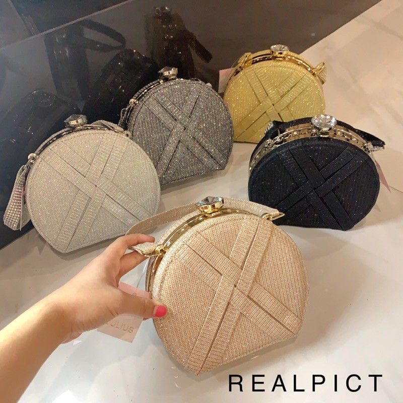 tas pesta clutch bulet bulat circle round rounded glitter sand hand bag clutch party mini tas acara 
