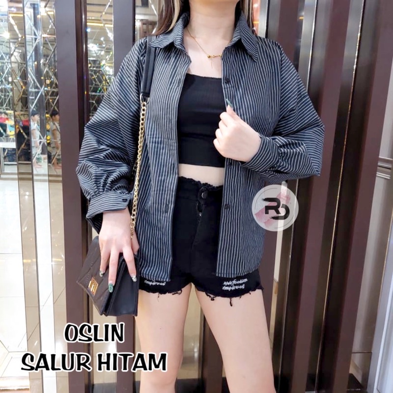 RD FASHION Kemeja Oslin Oversize | Kemeja Korea Jumbo Wanita | Bahan Creap - Fit to L-SALUR HITAM