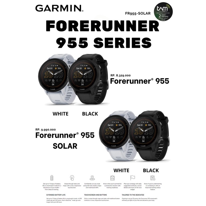 Garmin Forerunner 955 SOLAR Garansi TAM 2 Tahun Original Asli