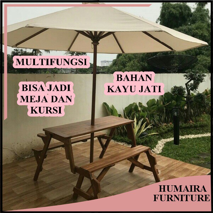 Kursi Cafe Kayu Outdoor Bisa Dilipat Jadi Kursi dan Meja Bahan Kayu Jati Berkualitas