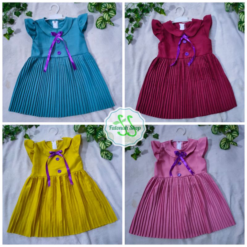 Dress anak 1 2 tahun rok plisket baju anak cewek perempuan marun lime pink ( dress plisket  azumi)