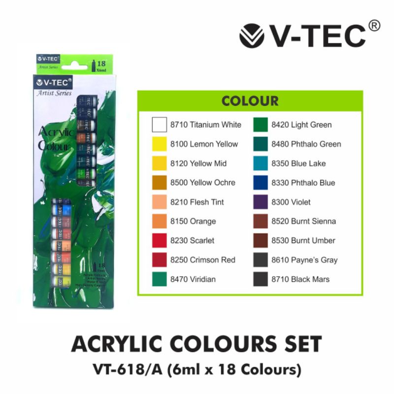 1set Cat Akrilik VTec 6ml x 18 Warna Tube 6ml - Acrylic Colour Artist Series