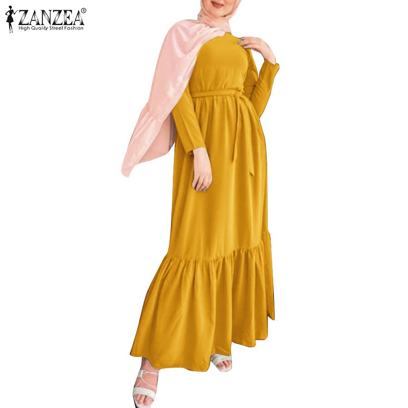 ZANZEA Women Casual Muslim Elastic Waist Belted Patchwork Maxi Dress