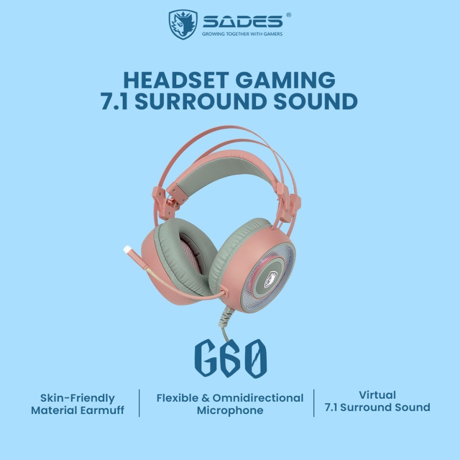 Headset Gaming Sades G60 7.1 Surround Sound - Merah Muda