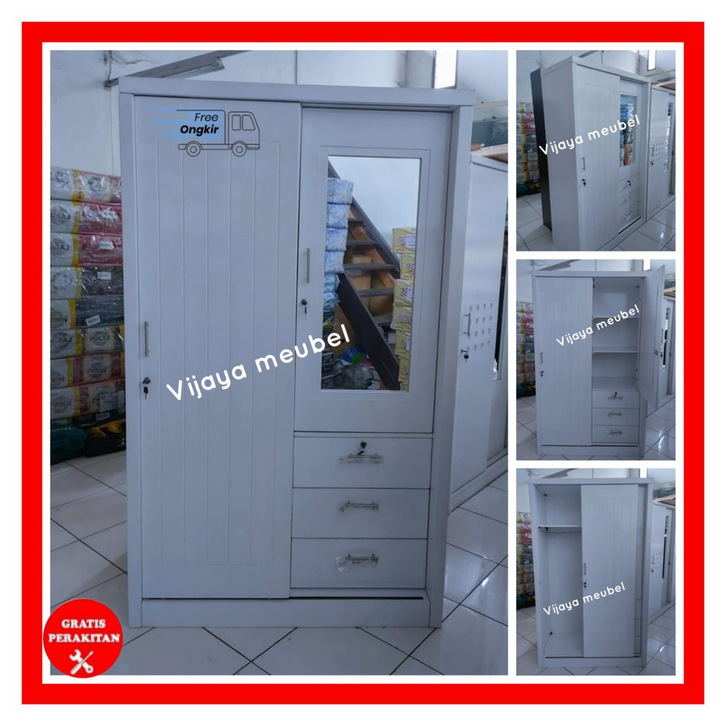 Lemari pakaian Pintu slide bahan Teakblock Full putih Laci