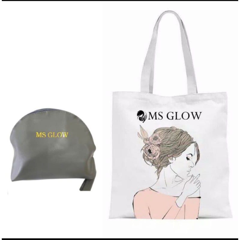 Pouch Ms Glow Abu-Abu &amp; Tote Bag / Tas Skincare / Pouch Ms Glow