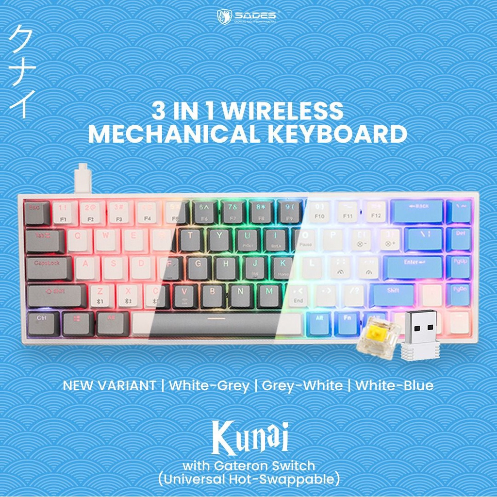 Sades Kunai SK868 Gateron Hotswap 3in1 Wireless Mechanical Keyboard Triple Connection