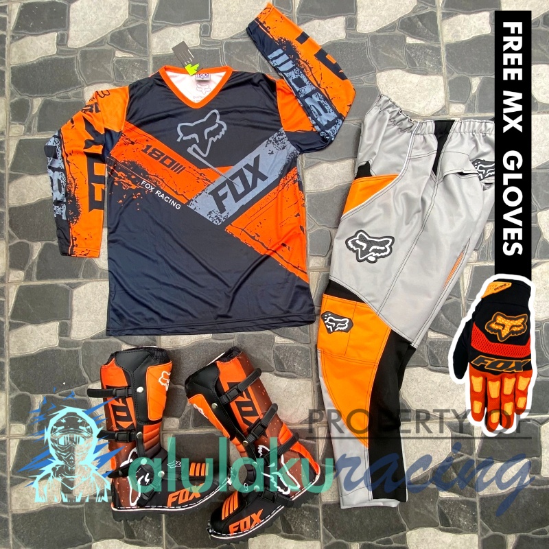 Jersey, Celana, Sarung Tangan &amp; Sepatu Fullprint with Protectors Fullset MX Trail Motocross - Paket Bundling FOCTFG170805-F45